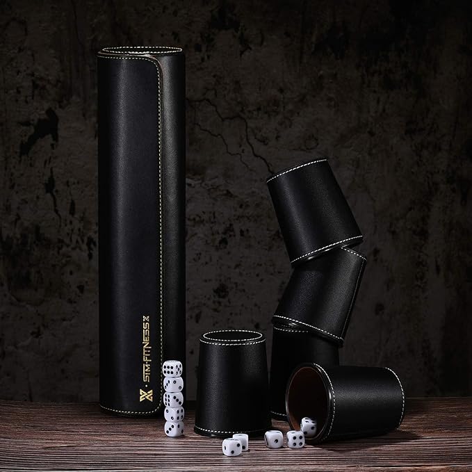 Leather Dice Cup Set, 5 Black Dice Cups + 25 Dices + Exclusive Storage and Transport Case Made of Faux Leather (Black x2)