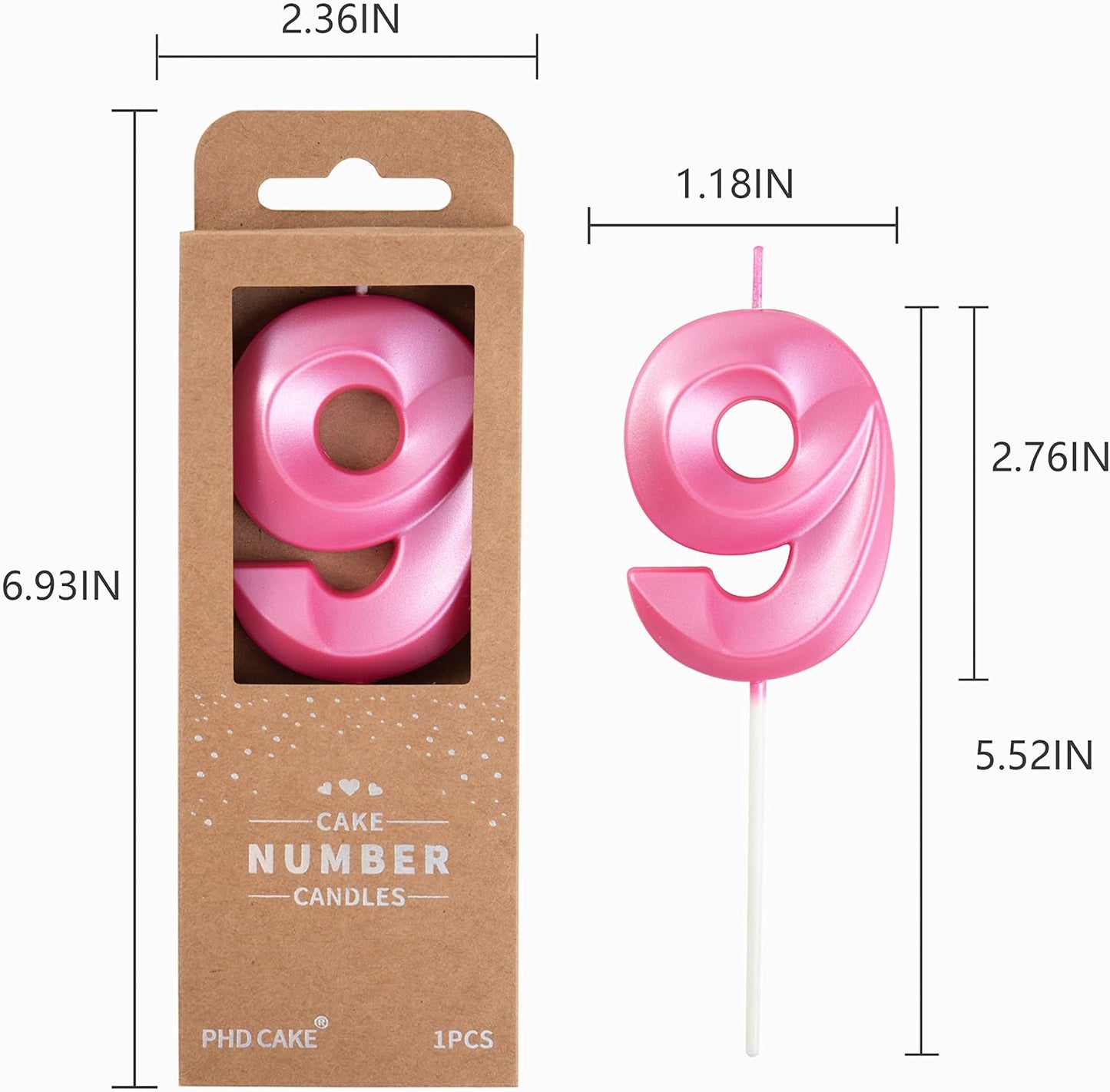PHD Cake 2.76 Inch Diamond Pink 9 Number Birthday Candles for Party Celebration