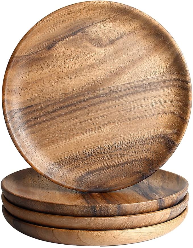 IQCWOOD Wooden Dinner Plates, 6 Inch Round Wood Plates Set of 4, Acacia Wooden Plates Round Tray Easy Cleaning Serving Platter for Food Dessert Salad Plate Fruit Platters