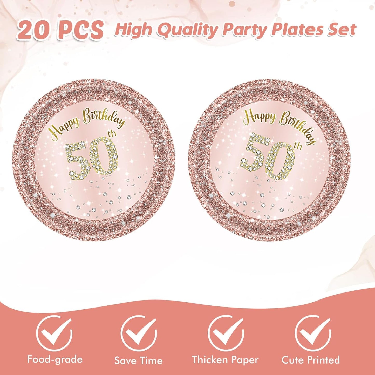 50th Birthday Decorations for Women, Rose Gold Fifty Year Old Party Supplies Include 20 Plates 20 Napkins, Pink 50 Aged Birthday Party Tableware