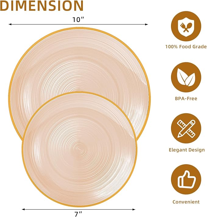 N9R 60 PCS Mocha Mousse Plastic Plates with Gold Rim, Elegant Disposable Plates, Circular Ribbed Design, 30 Dinner & 30 Dessert Plate for Parties, Weddings, Banquets and Events