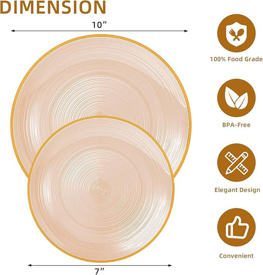 N9R 60 PCS Mocha Mousse Plastic Plates with Gold Rim, Elegant Disposable Plates, Circular Ribbed Design, 30 Dinner & 30 Dessert Plate for Parties, Weddings, Banquets and Events