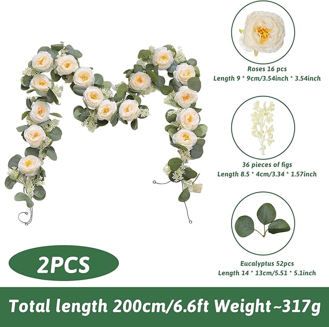 MAKHOT 2PCS Eucalyptus Garland, 6.6Ft Artificial Greenery Garlands Flower Decor, Green Spring Garland Wreath Vines Decorations for Table Home Wedding Mantle Party (Champagne)