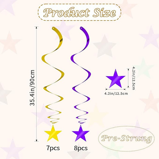 BEISHIDA Purple Gold Star Hanging Swirl Decorations, Birthday Hanging Party Supplies for Graduation Wedding Baby Shower Birthday Decorations,Pack of 15