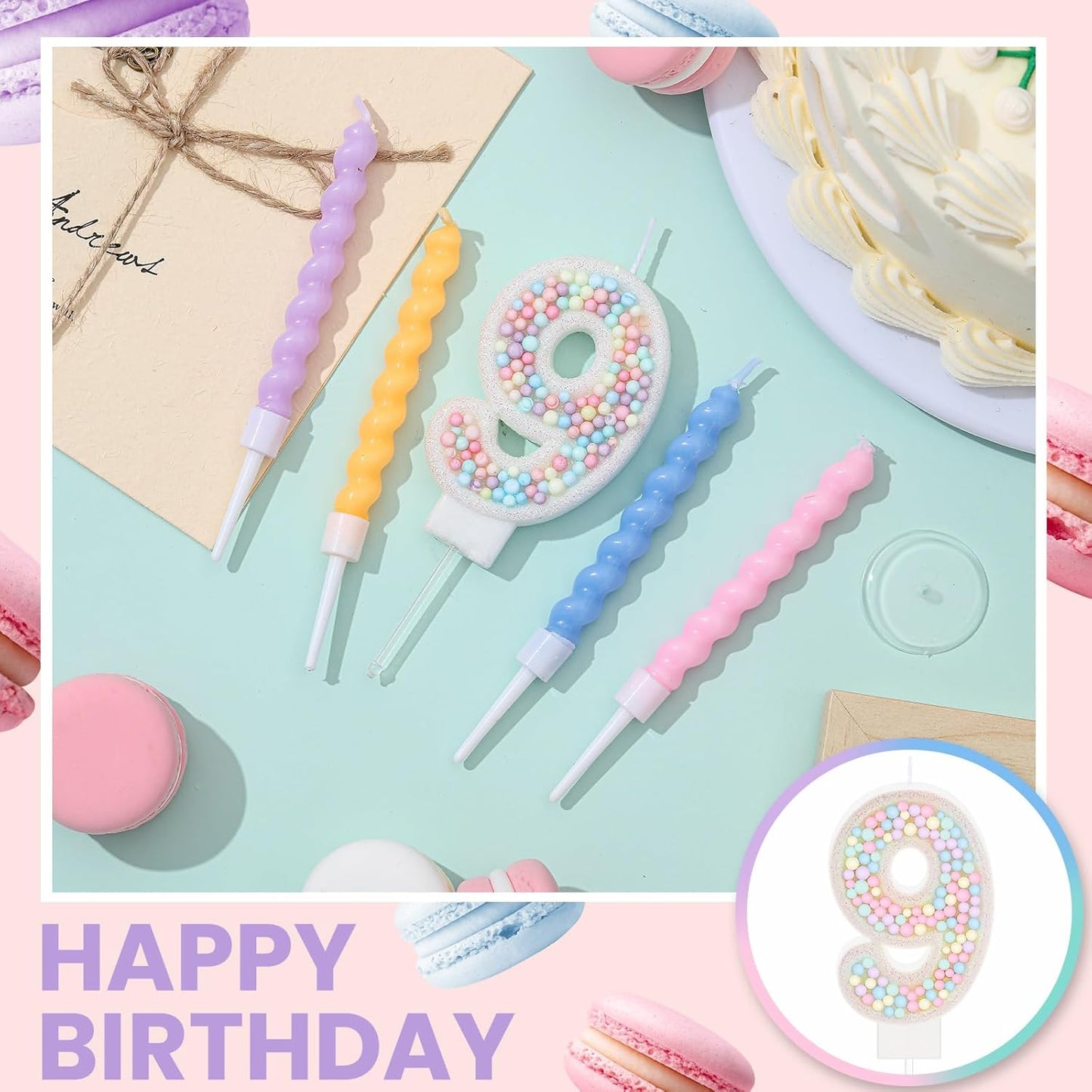 MTLEE Number 9 Birthday Candle with 12 Pcs Spiral Candles for Girls Macaron Pastel Rainbow Unicorn Pink Cake Topper for Sweet Theme Party Decoration