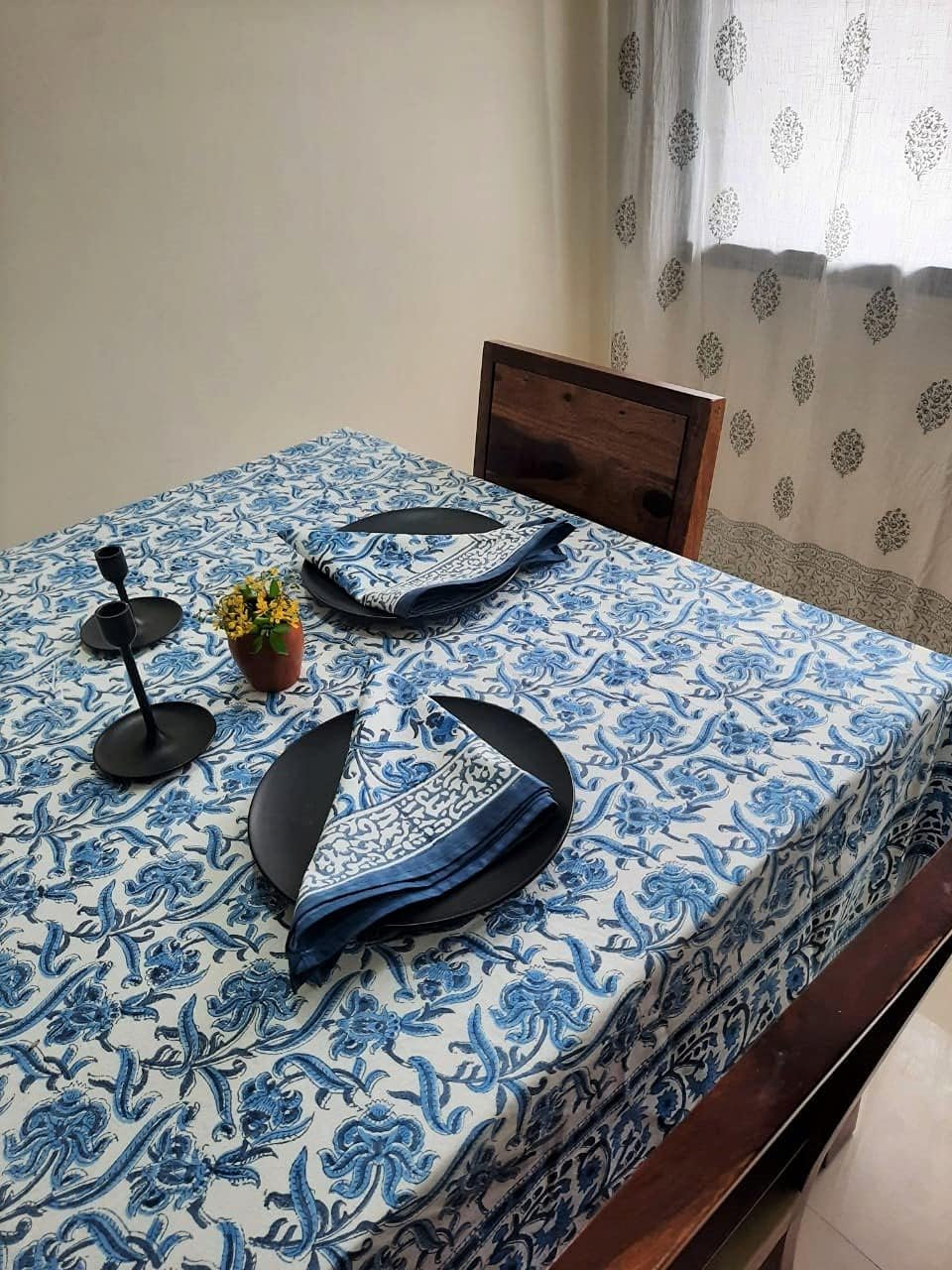 ATOSII Midnight Bloom 100% Cotton Summer Tablecloth, Block Print Blue Rectangle Table Cloth for Dining Table Parties Wedding Outdoor Decor 60 X 108 Inches I 8 Seater I Memorial Day