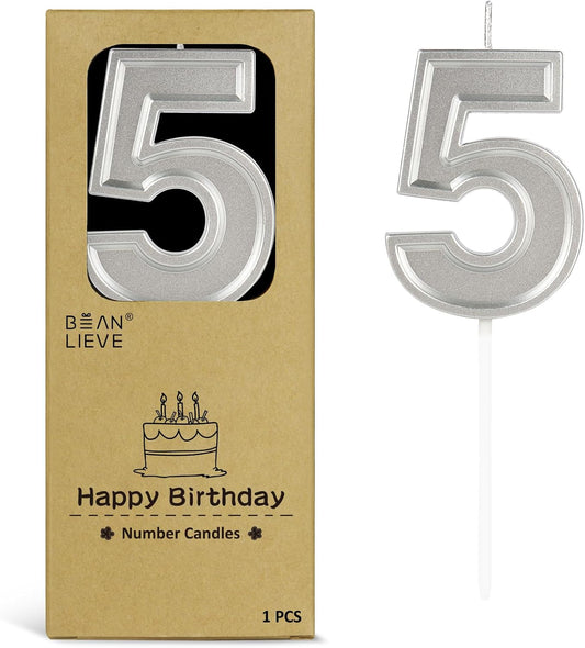 BEAN LIEVE Silver Birthday Candles Number 5, Silver Number Candles, Cake Number Candles for Birthday Parties and Wedding Anniversary Celebrations
