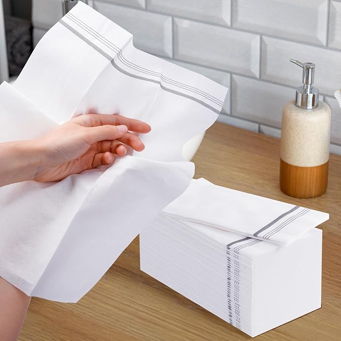 50 Linen Feel Paper Hand Towels for Bathroom, Disposable Guest Towels, Soft and Absorbent Paper Towels Napkins Bulk for Home Dinner Kitchen Wedding Graduation, 12" x 17"(Silver Trim Lined)