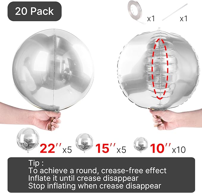 PartyWoo Metallic Silver Foil Balloons 20pcs Different Sizes Pack of 22 15 10 Inch Large Round Foil 4D Inflatable Mirror Ball Mylar Balloons for Graduation Birthday Engagement Party Decorations