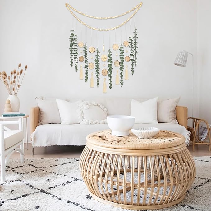 Artificial Eucalyptus Wall Decor with Wicker Ball Natural Boho Home Decorations Hanging Wooden Bead Garland for Large Bedroom Bathroom Living Room, 32 x 32 Inch