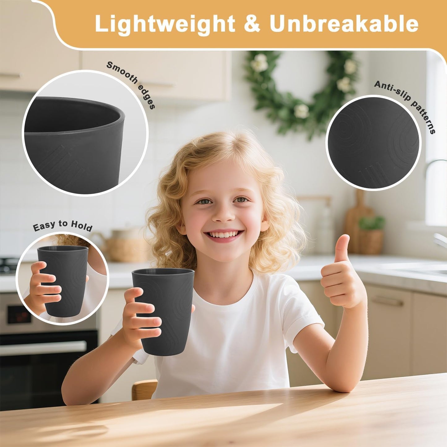 6 Pack Wheat Straw Cups 12 oz, Plastic Cups Reusable Drinking Cup, Small Kids Cup, Unbreakable Water Cup Set Dishwasher Safe for Kitchen, Camping, School (Black)