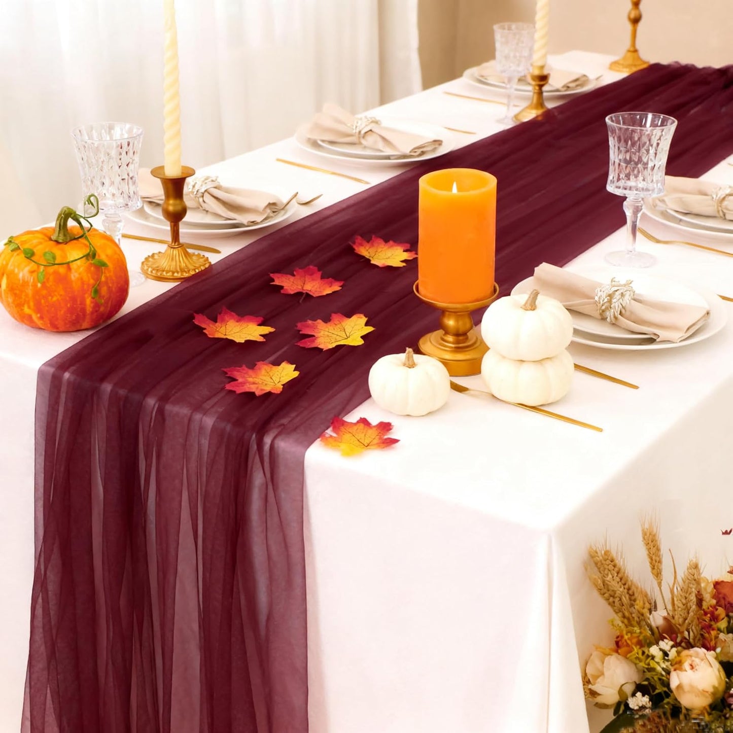 Snowkingdom Burgundy Red Fall Thanksgiving Table Runner, 10 FT Sheer Gauze Tulle Cheesecloth Fabric, Boho Elegant Table Decoration for Home Party Wedding Birthday Baby Shower Christmas Holiday