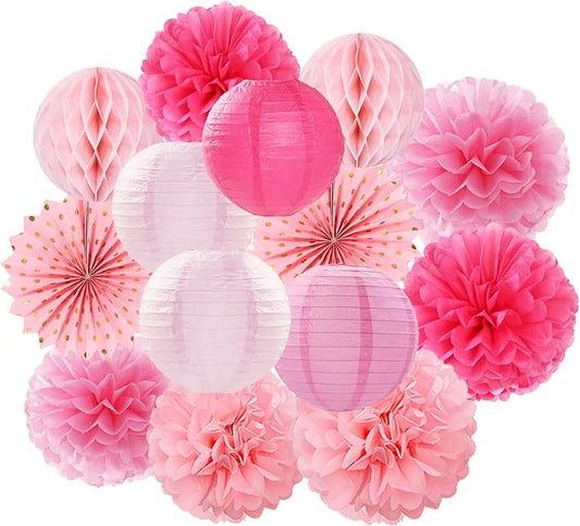 Rose Hot-Pink Valentines-Day Party-Decorations Streamers - 14pc Girl Birthday Baby Shower Paper Lanterns Fan,Tissue Pom Poms,Honeycomb Balls,Bachelorette Bridal Wedding Supplies Decor Lasting Surprise