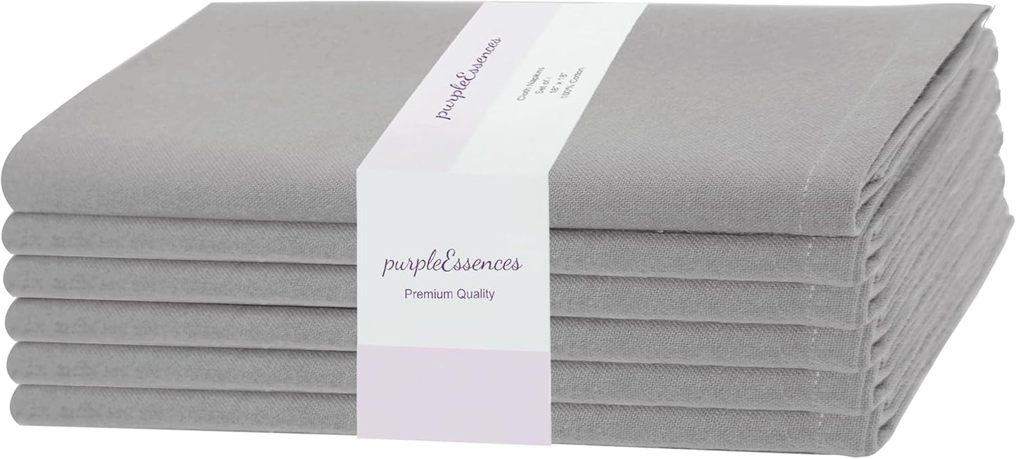 PurpleEssences Set of 6 Cloth Dinner Napkins 100% Cotton 18x18 Inch - Soft Durable Washable - Ideal for Farmhouse Party Fall Thanksgiving - Perfect Everyday Use Table Linen - Ash Grey
