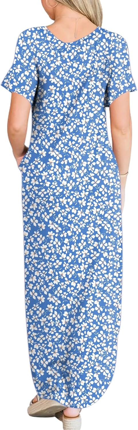 ANRABESS Womens Summer Maxi Dress Short Sleeve Casual Loose Long T Shirt Dresses Split Vacation Beach Sundress Travel Outfits