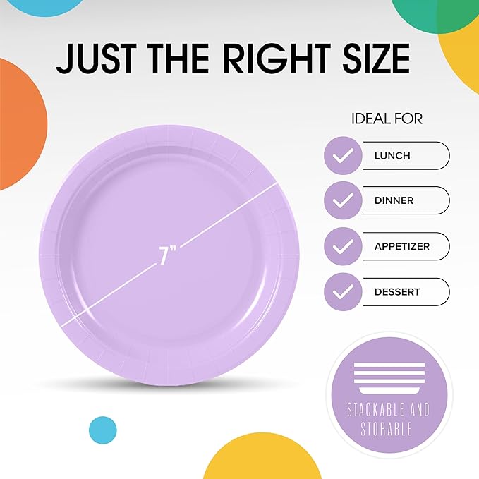Exquisite Lavender Paper Plates Disposable Heavy Duty 7 Inch Lavender Disposable Plates For Party 100 Pcs Heavy Duty Paper Plate 350 GSM, Birthday Party Supplies Plate Set