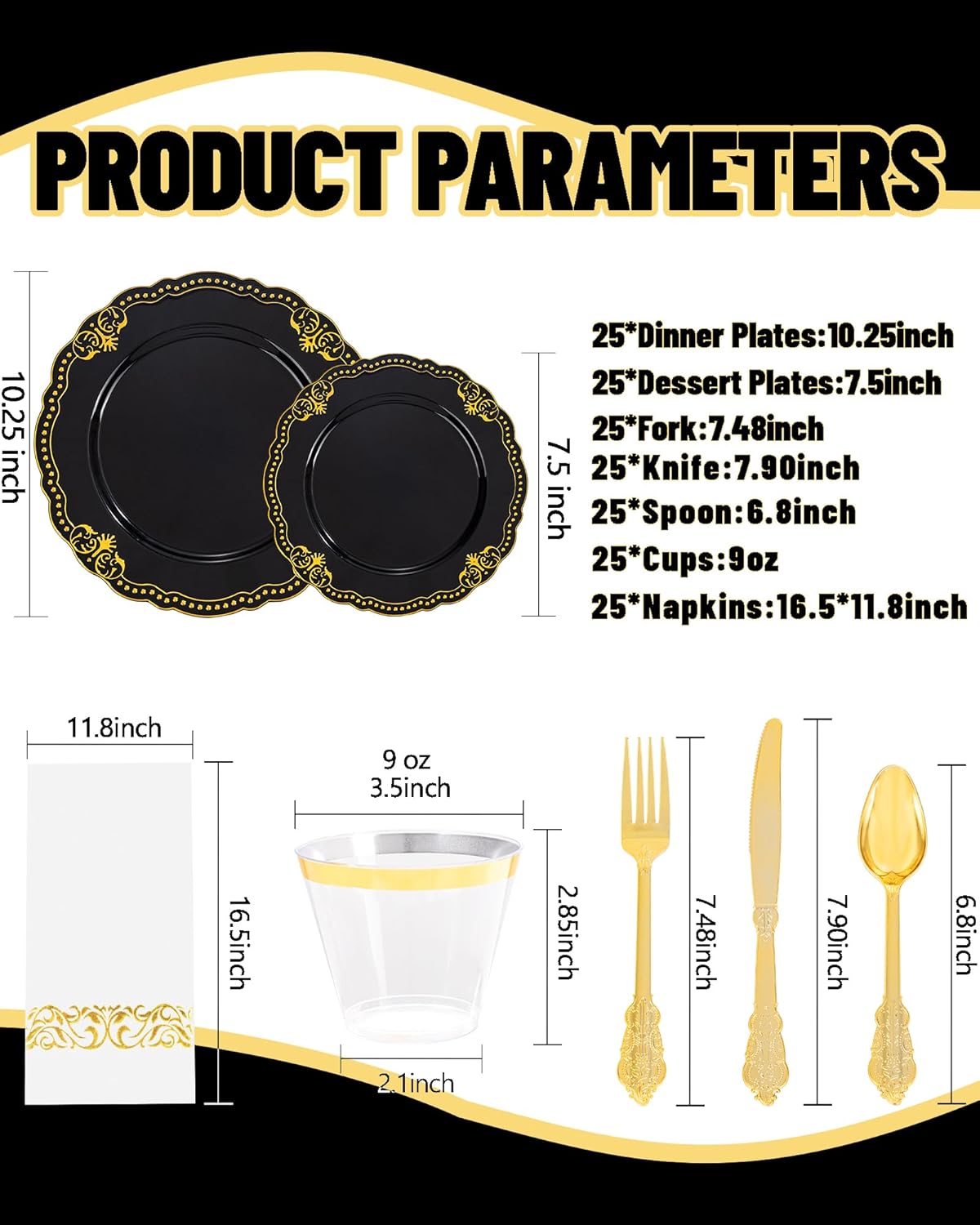 Ciaell 175 PCS Black and Gold Plastic Plates - Black Disposable Dinnerware Set with 50 Plates, 25 Knives, 25 Forks, 25 Spoons, 25 Cups, 25 Napkins for New Year’s Day, Parties and Weddings