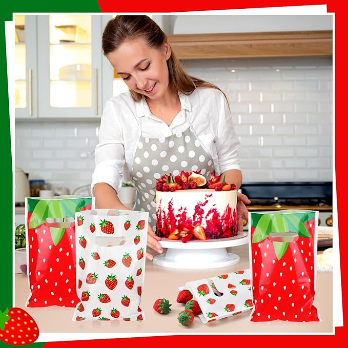 Frienda 100 Pcs Strawberry Party Favors Bags Strawberry Candy Gift Bags with Handles 9.84''x 6.5'' Red Berry Plastic Goodies Treat bag for Baby Shower Summer Berry Theme Parties Decor Supplies