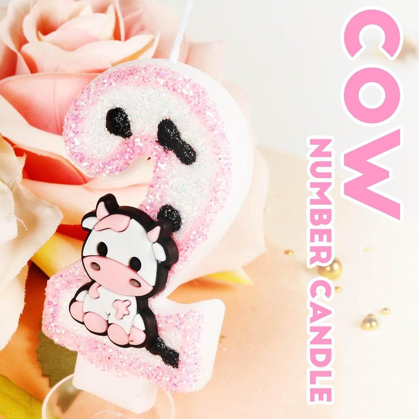 Pink Cow Glitter Birthday Candles Number 6 Birthday Decorations, 6 Year Old Birthday Decorations, Number 6 Candle for Cake, Cowgirl Theme Number Candle for Girls 6th Birthday Party Décor