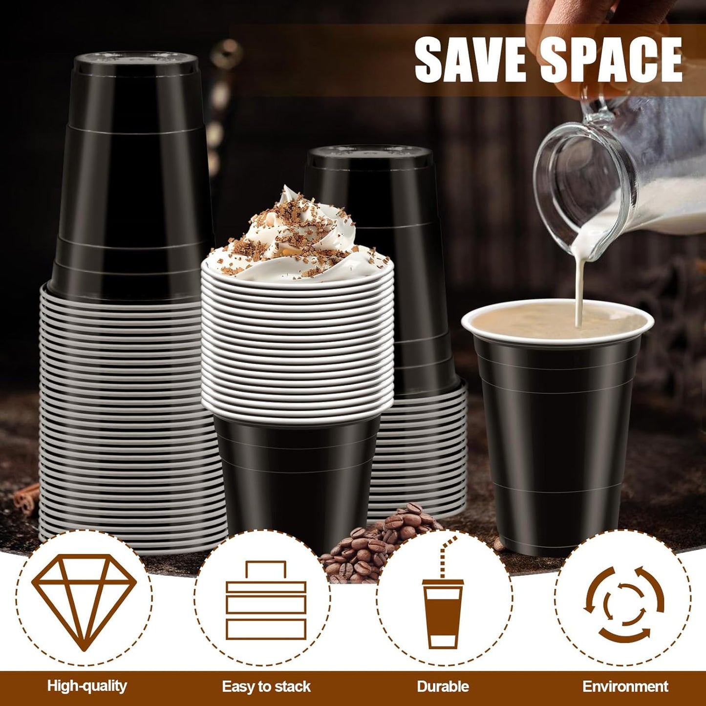 100 Pack 16 oz Black Plastic Cups for Party, Heavy Duty Black Disposable Cups Graduation Cups Bulk for Halloween Wedding Birthday Festive Celebrations Wine Beer Beverage