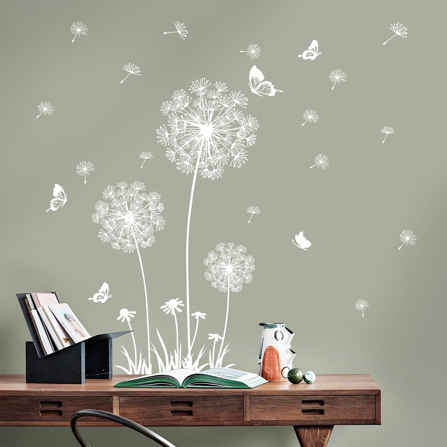 2 Sheets Dandelion Wildflower Wall Decals Art, Wall Stickers Peel and Stick Floral Butterflies Flying Decor for Girls Kids Women Baby Nursery Living Room Bedroom Bathroom Hallway Stairwell (White)