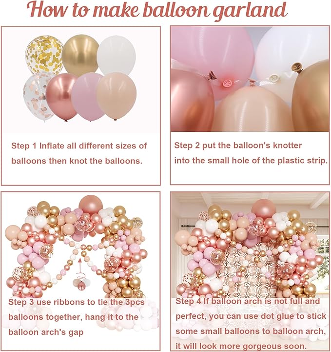 Rose Gold and White Balloons Garland Arch Kit, 162pcs Metallic Rose Gold Nude Pink White and Confetti Balloons for Valentines Day Wedding Bridal Shower Baby Shower Birthday Party Decorations
