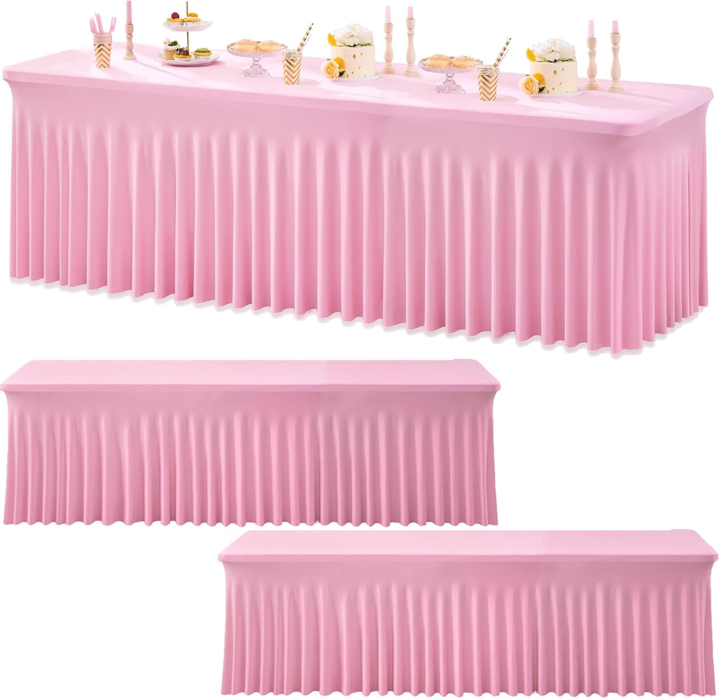 3pk Baby Pink Spandex Tablecloths for 8 Foot Rectangle Tables, Stretchy Table Cloths 8FT Pink Fitted Table Cover Desk Skirt for Wedding Party Birthday Banquet Baby Shower
