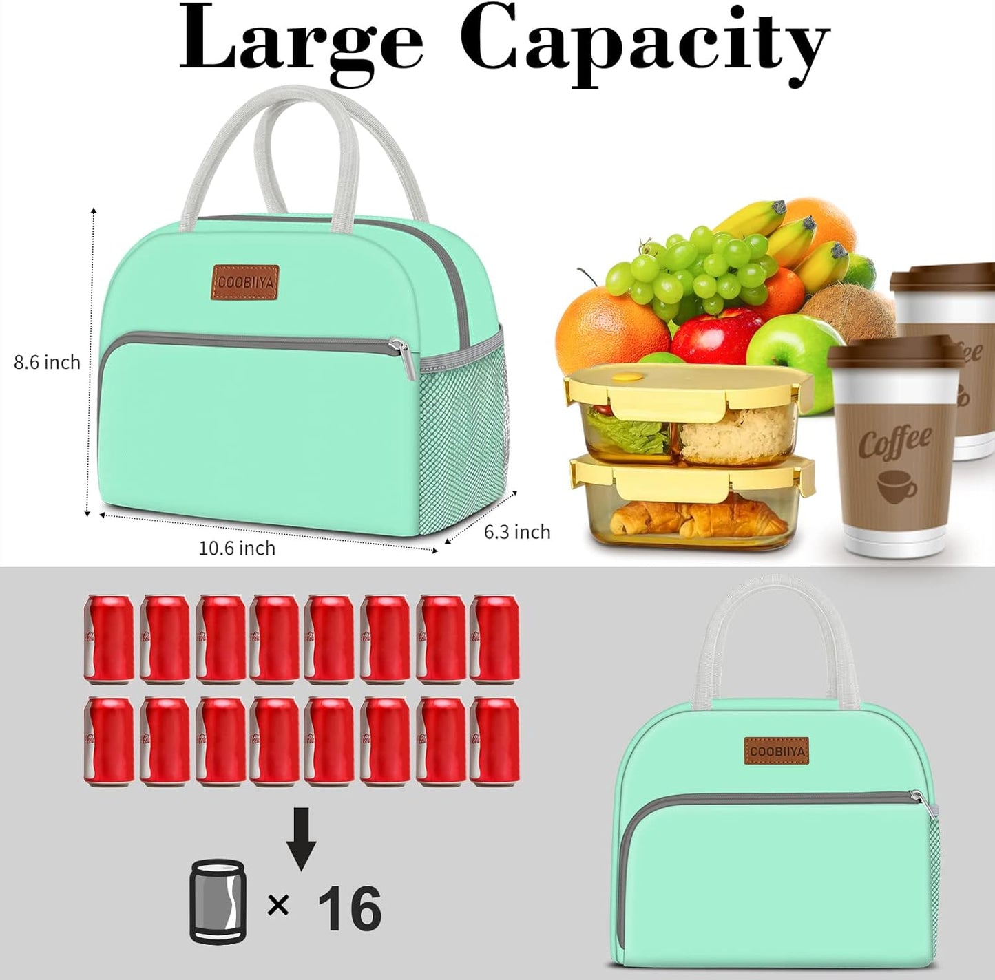 Coobiiya Lunch Bag Women, Lunch Box Bag for Women Adult Men, Small Leakproof Cute Lunch Tote Large Capacity Reusable Insulated Cooler Lunch Container for Work/Office/Picnic/Travel-Green