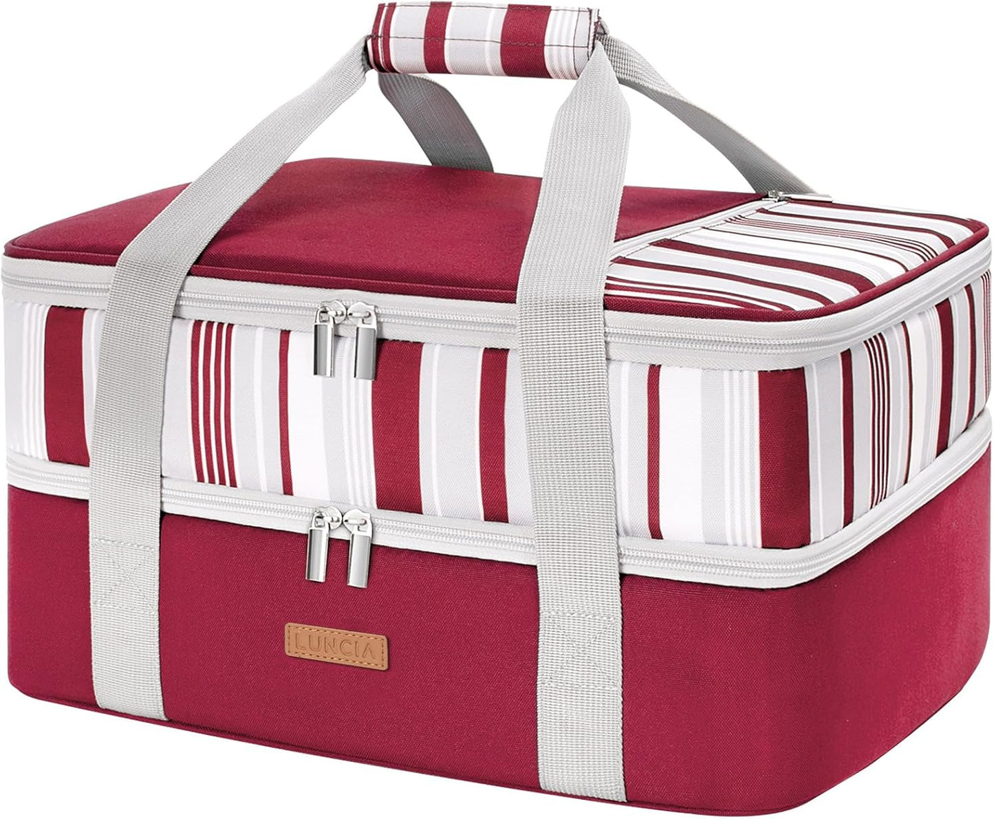 LUNCIA Double Decker Insulated Casserole Carrier for Hot or Cold Food, Lasagna Lugger Tote for Potluck Parties/Picnic/Cookouts, Fits 9"×13" Baking Dish, Red