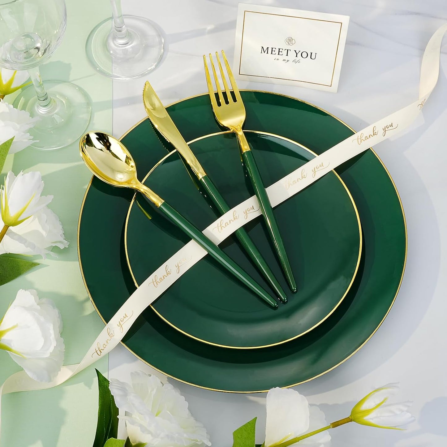 100PCS Green Gold Plastic Plates, Green Disposable Plates for Party, Wedding, Include 50 Dinner Plates, 50 Dessert Plates for 50 Guests