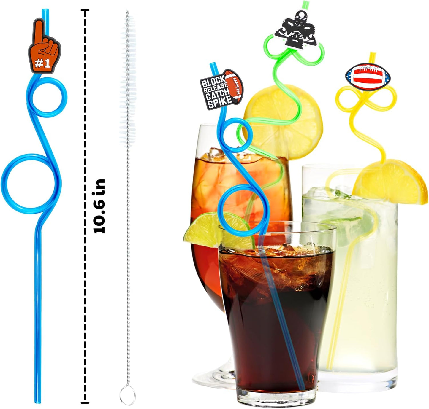 24 PCS Football Drinking Crazy Straws for Kids, Sport Themed Birthday Party Supplies Favors Decorations with 24 PVC Cute Charm, 2 Cleaning Brushes Reusable Straw