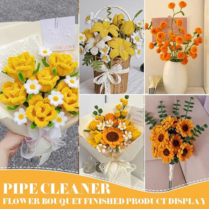 620 Pieces Pipe Cleaners Craft Set, 600 Pcs Chenille Stems with 20 Pcs Flower Stems, Craft Supplies Bulk for DIY Art and Craft Projects Creative Gift Wrapping Party Decorations(Golden Yellow Series)