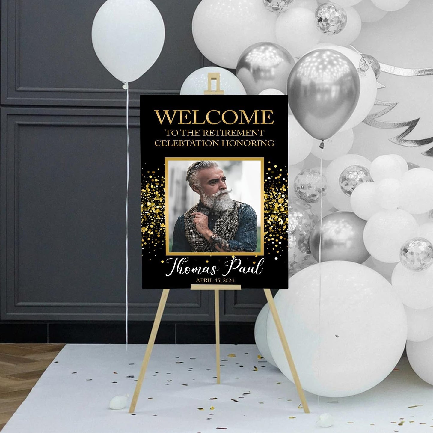 Retirement Celebration Welcome Sign Template - Floral Buffet Sign, Black and Gold Photo Party Decor