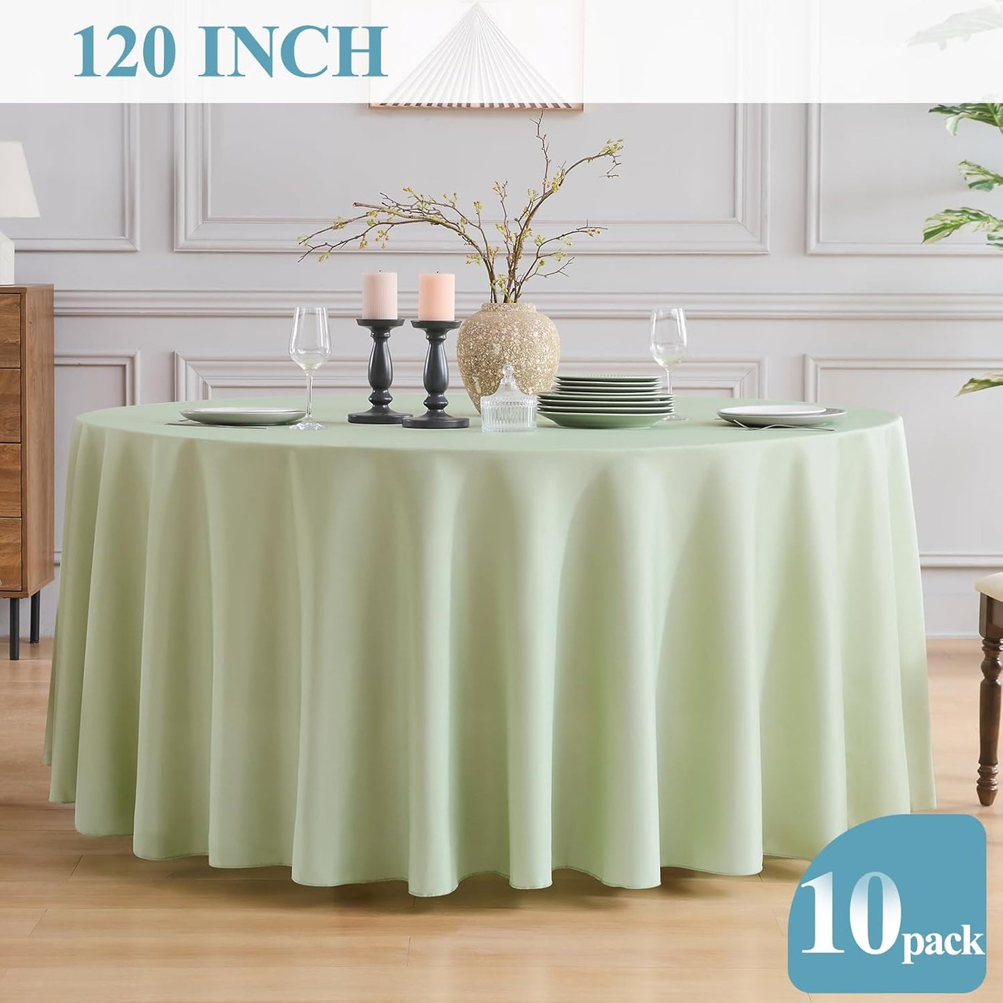 VidaFete Tablecloth 10 Pack 120inch Round Table Cloth Polyester, Stain Wrinkle Resistant Polyester Dining Table Cover for Kitchen Dinning Party Wedding Round Tabletop Buffet Decoration(Sagegreen)