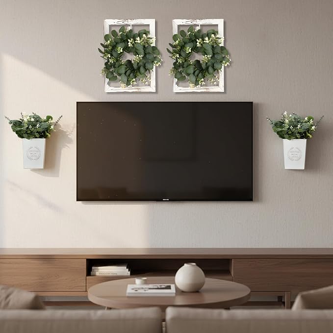 4 Sets 67 Pcs Farmhouse Wall Decor Set Rustic Window Frame Wall Decor with Eucalyptus Wreath and Metal Walls Planters Vintage Farmhouse Walls Art for Living Room Entryway(Square)