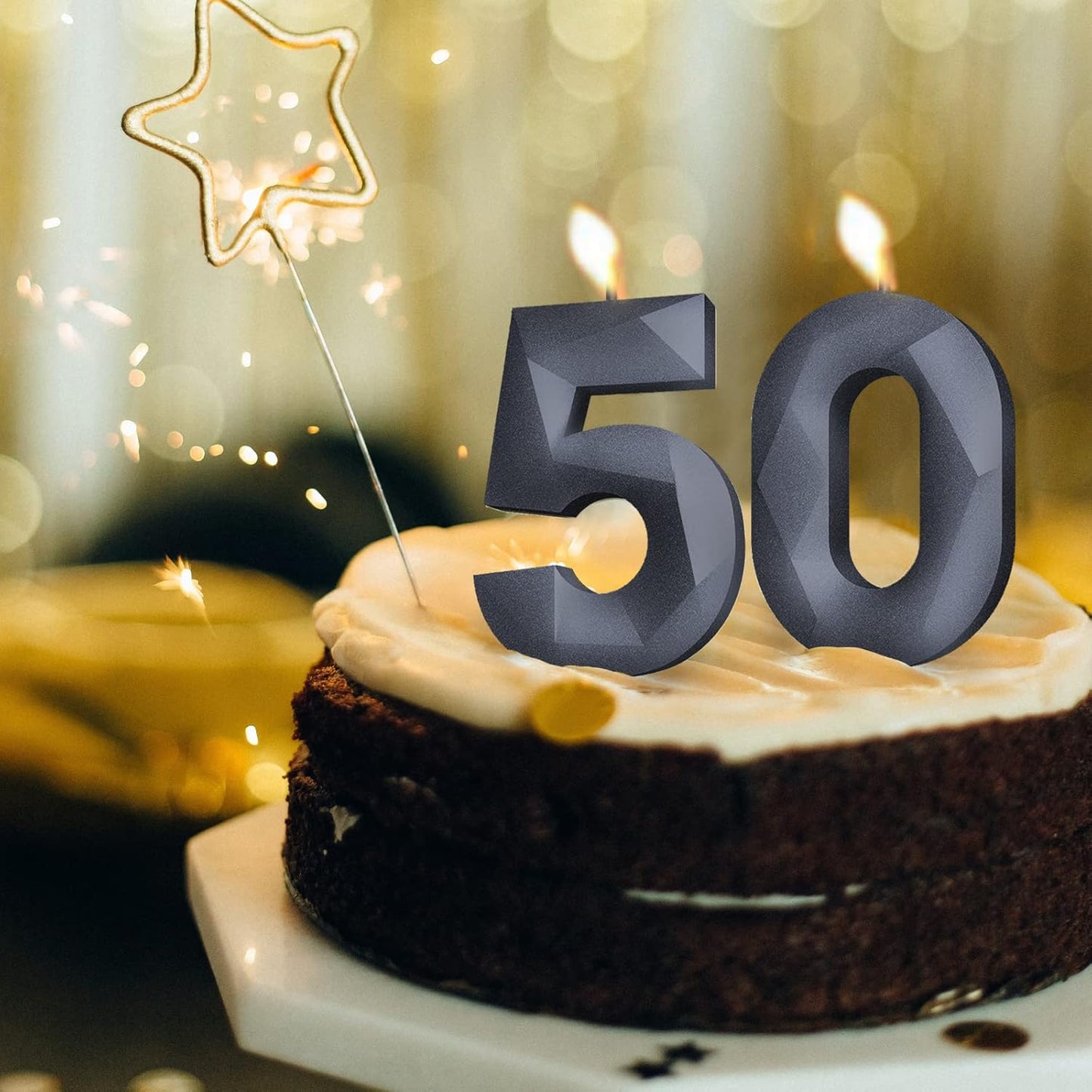 Number Birthday Candles(4 Candle Black) 3D Diamond Shape 4th Happy Birthday Cake Topper Decorations for Boy Men Birthday Wedding Anniversary Celebration Theme Party Supplies