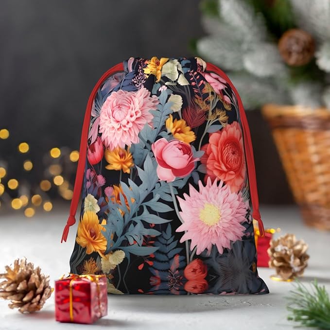 quopvn Colorful Boho Floral Print Christmas Gift Bag Christmas Gift Bags For Christmas Party Supplies Favors