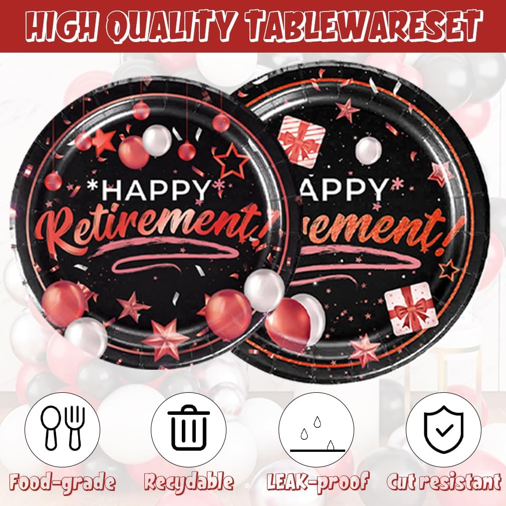 141pcs Retirement Party Decorations,Black Red Party disposable tableware Includes Dinner Plate Dessert Plate Paper Napkin Cup Knife Fork Straws Tablecloth Black Red Rose Gold Retirement Supplies set