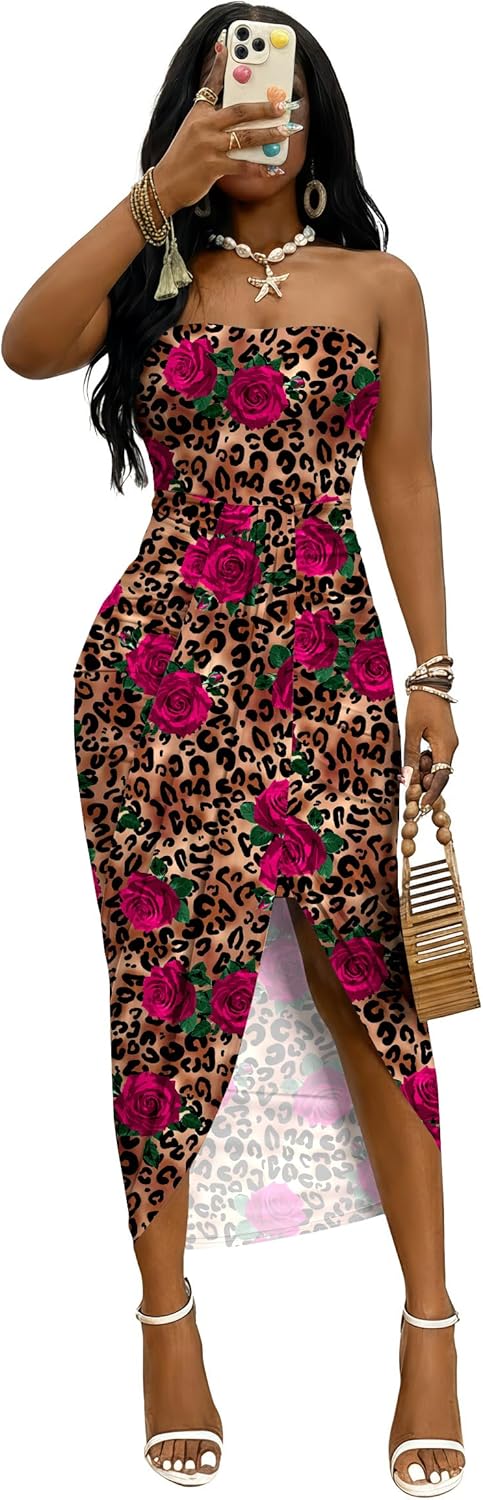 Umenlele Women's Strapless Ruched High Waist Wrap Split Asymmetrical Beach Maxi Long Dress