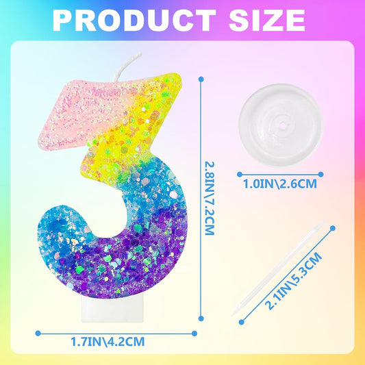 Birthday Candles Pastel Macaron Glitter 3D Rainbow Number Candles for Birthday Cake Girls Women Sweet Theme Birthday Wedding Anniversary Party Cake Decoration (Number 3)