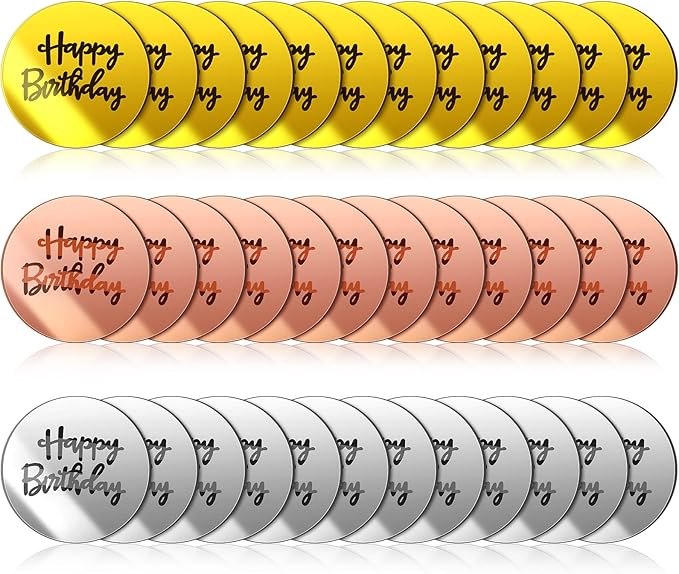 Queekay 36 Pcs Mirror Acrylic Happy Birthday Cupcake Toppers, Acrylic Gold Rose Gold Silver Engraved Topper for DIY Cake Picks Round Pastries Birthday Party Anniversary Charm Decorations Supplies