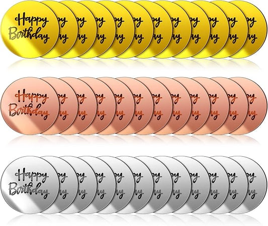 Queekay 36 Pcs Mirror Acrylic Happy Birthday Cupcake Toppers, Acrylic Gold Rose Gold Silver Engraved Topper for DIY Cake Picks Round Pastries Birthday Party Anniversary Charm Decorations Supplies
