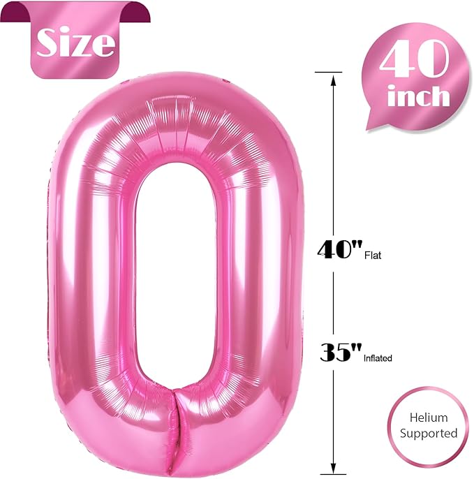 Pink Number 0 Balloon 40 Inch, 0 Balloon Number for 10th 20th 30th 40th 50th 60th Birthday Decorations, Pink Party Supplies