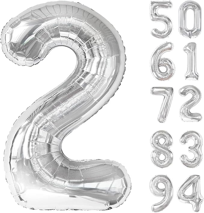 Silver 2 Balloon, Number Balloons 40 Inch, 2nd Balloon Number Birthday Decorations, Two Second Birthday Party Supplies, Number 2 Balloon