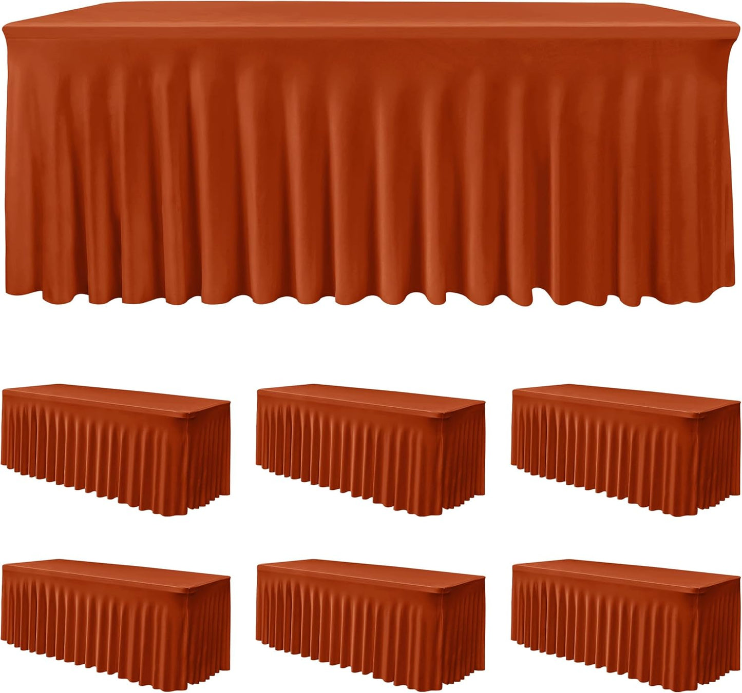 HolidayIdeas 6 Pack Spandex Table Skirts for 6 Foot Rectangle Table, Bulk Fitted 30x72 Inch Stretch Covers for Banquets, Craft Fairs, Rust