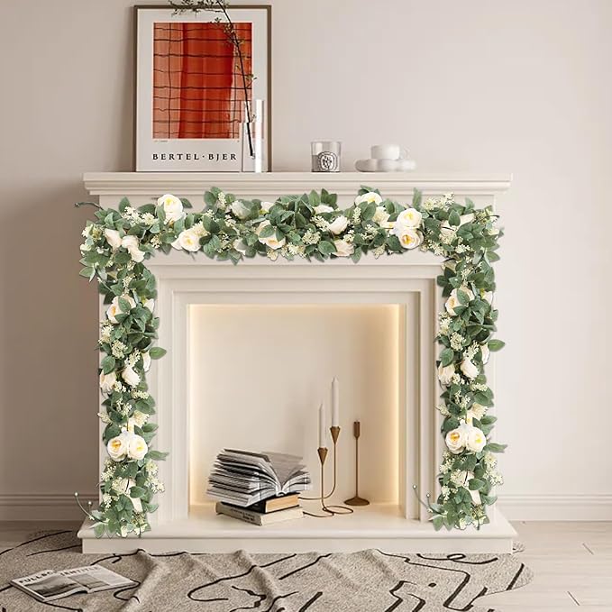 Uguisu 2Pcs Artificial Garland with Roses, 5.9ft Greenery Eucalyptus Garland for Wedding, Party, Mantel, Table, Indoor and Outdoor Decoration. Champagne