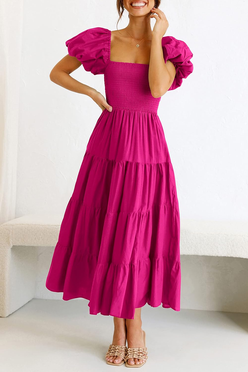 PRETTYGARDEN Women's Casual Summer Midi Dress Puffy Short Sleeve Square Neck Smocked Tiered Ruffle Dresses