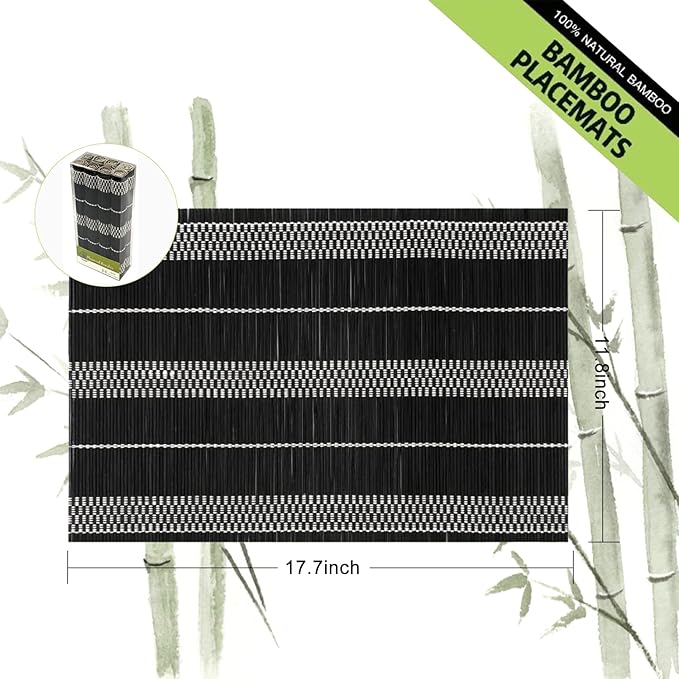 ANDSTAR Set of 8 Pcs Bamboo Placemats Natural Anti-Slip Bamboo Placemats Washable Heat-Resistant Table Mats for Dining Room and Kitchen （Black+White）