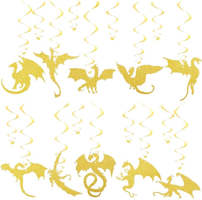 Sumind 30 Pcs Dragon Party Decoration Swirl Foil Hanging Ceiling Decoration for Dragon Themed Birthday Medieval Themed Party, 10 Designs (Gold)