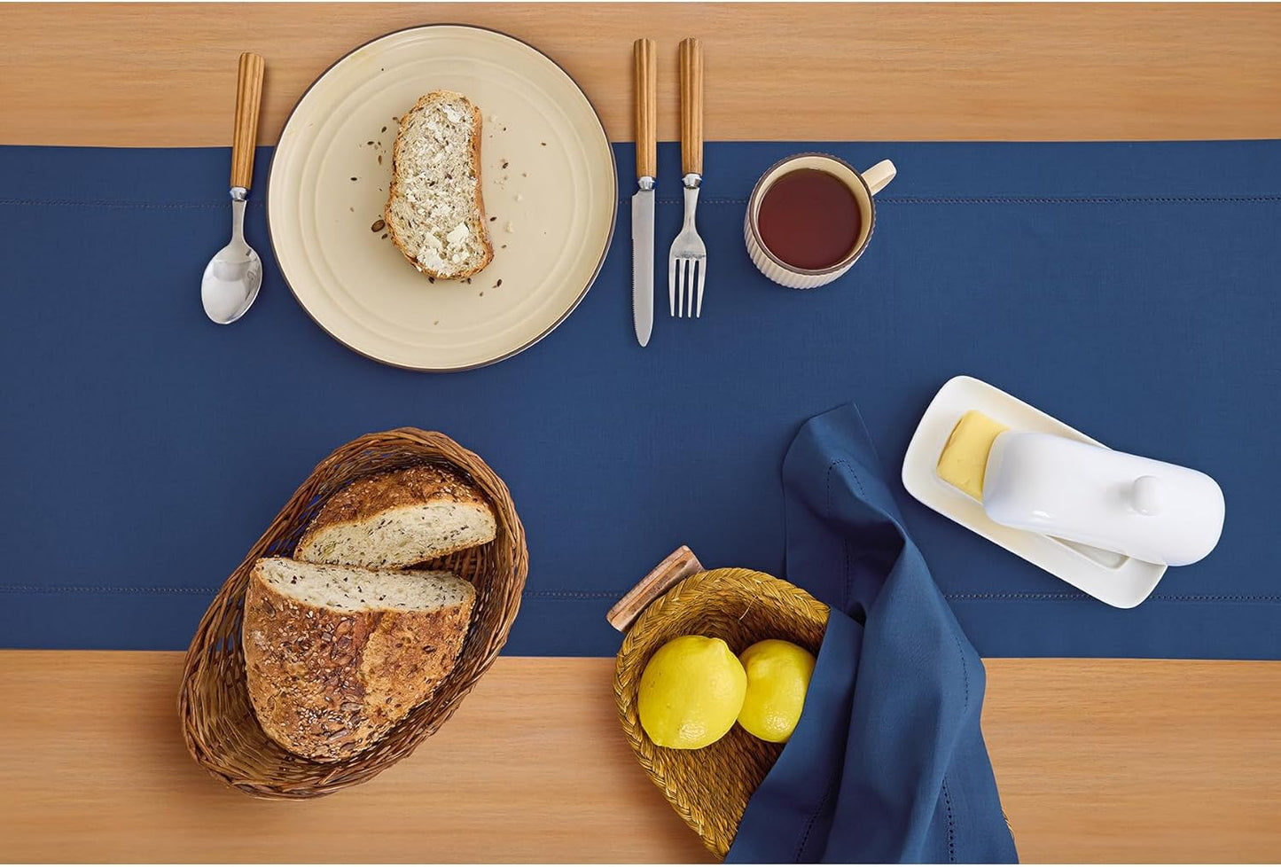 Solino Home Cotton Linen Table Runner 36 Inches - Lapis Blue Hemstitch Table Runner 14 x 36 Inch Ideal for Dresser and Coffee Tables - Fall, Autumn, Halloween